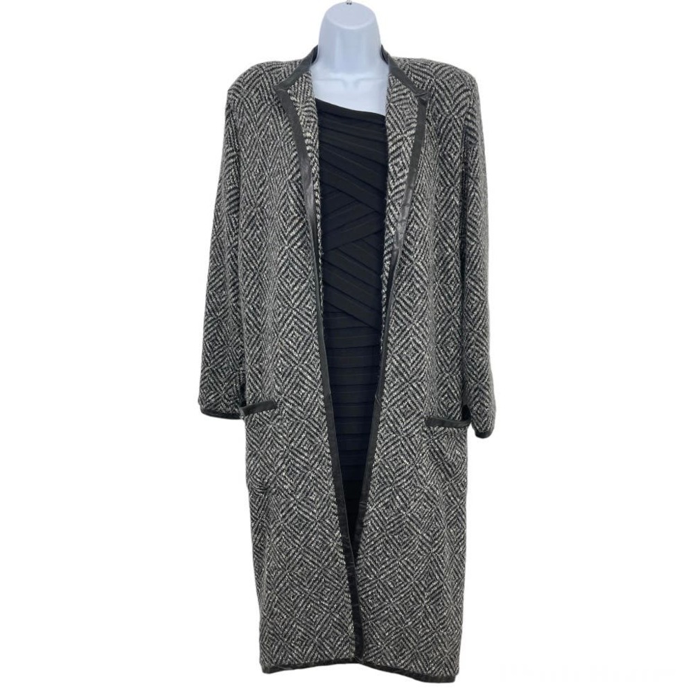 St. John by Marie Gray Tweed Knit Leather Trim Long Coat Size 10